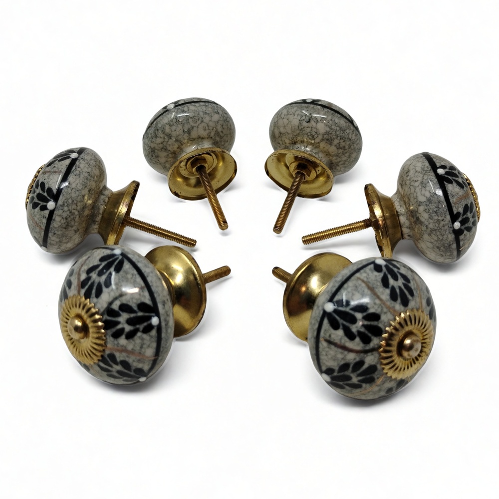 Handmade Ceramic Cabinet Knob Set 6 Floral Crackle Glaze Gold Accent Cottagecore